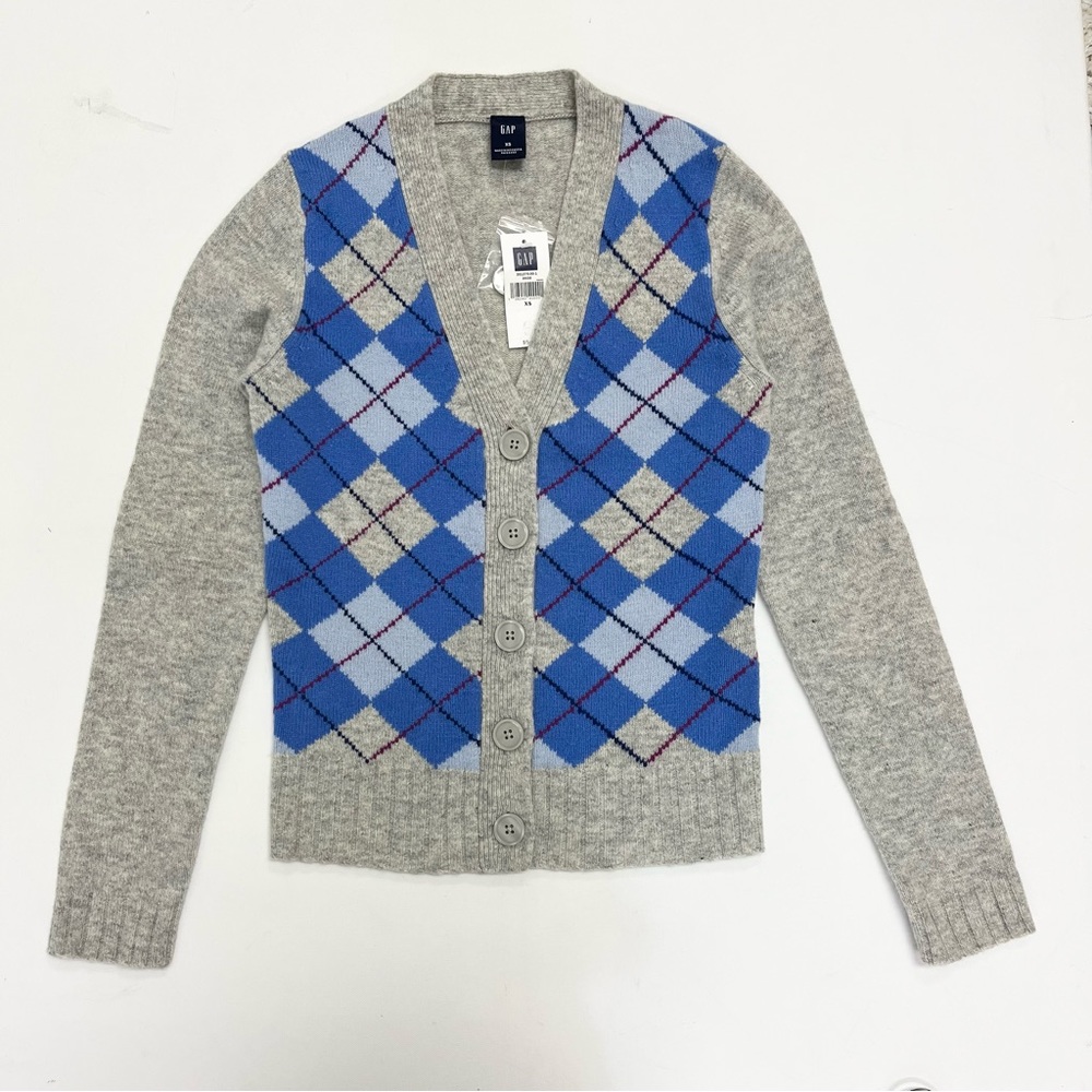 NWT 2005 Vintage GAP Argyle Lambswool Cardigan Sweater XS